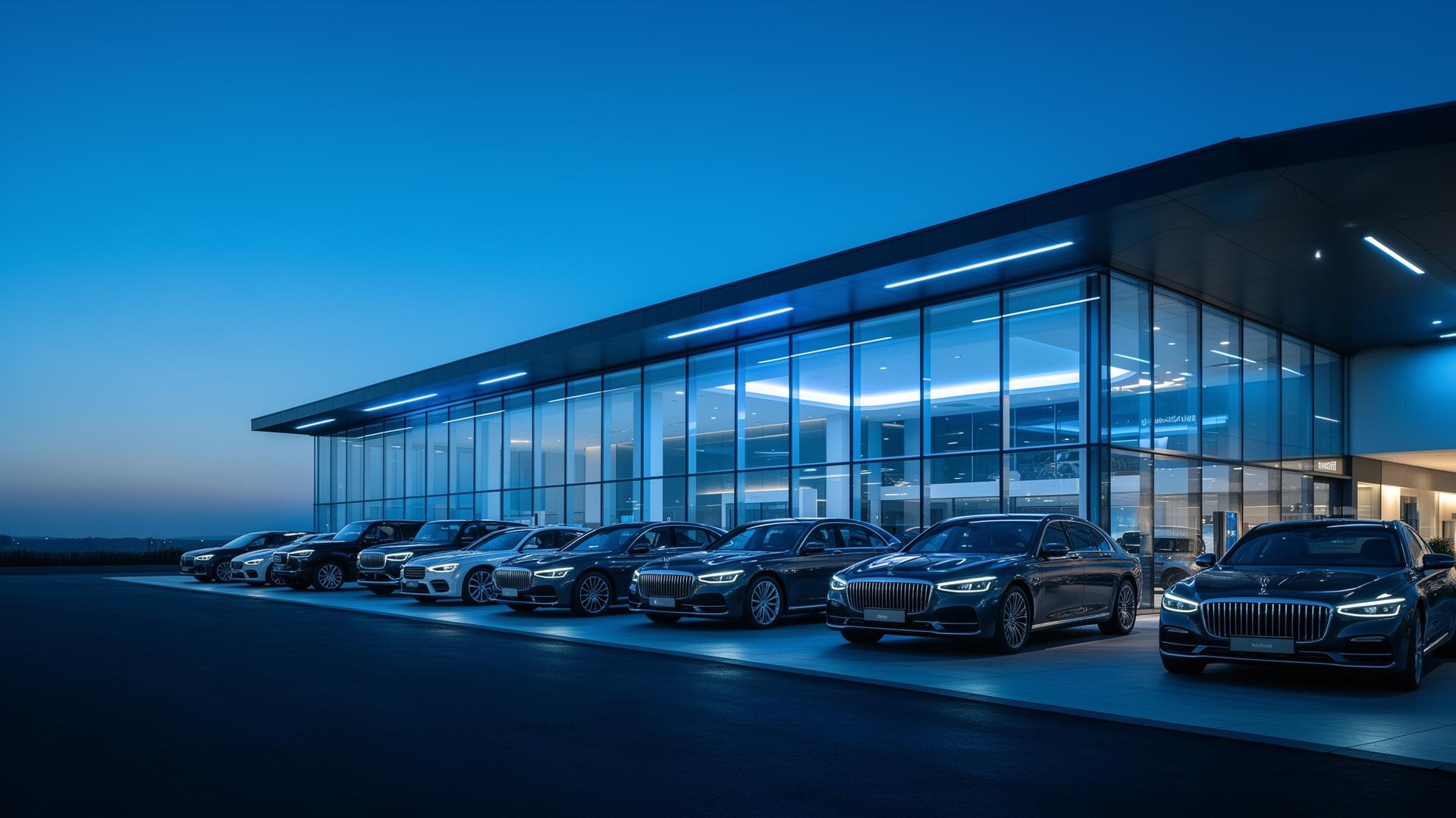 Modern automotive dealership illuminated at blue hour